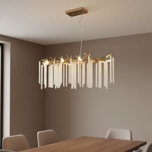 Lámpara colgante dorada moderna de 39 pulgadas con hebras de cristal en cascada, forma rectangular para sala de estar, comedor, iluminación decorativa - Product Image 2