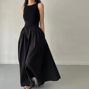 Nuevo verano Simple elegante negro vestidos largos para mujer cuello redondo sin mangas cintura alta temperamento Vestido de estilo de moda femenina - Product Image 2