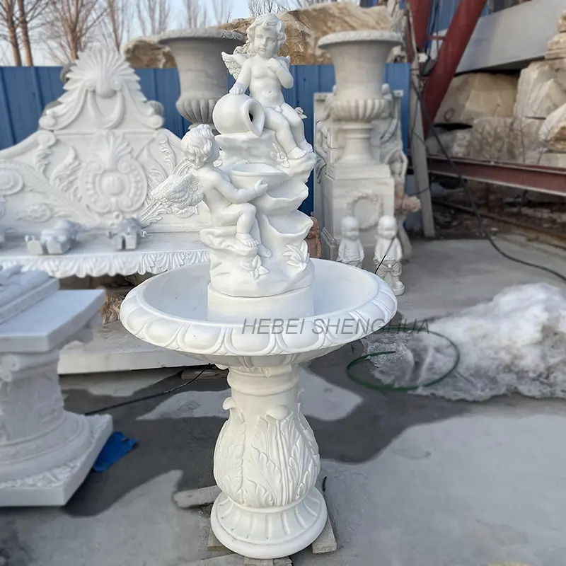 Ornamentos de jardim esculpidos à mão em pedra de mármore branco, estátua de vaso, fonte de anjo para venda