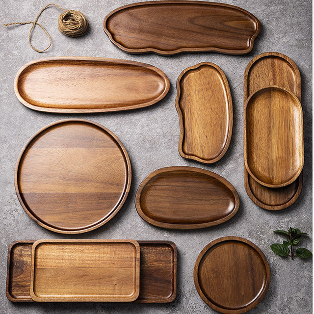 Natural Premium Solid Acacia Wood Irregular Luxury Decorative Serving Tray Plate Eco-Friendly Fruit Bread Dessert Cake Presents
