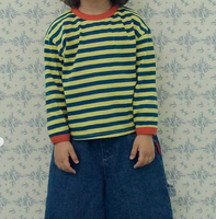 T-shirt rayé à manches longues en coton pour enfants, haut décontracté à col rond de couleur contrastée pour bébés garçons et filles