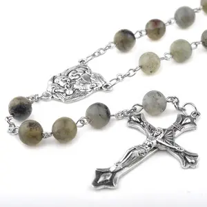 Catholic Labradorite 8mm Stone Beads Holy Family Cross Necklace Religious Stainless Steel Rosary