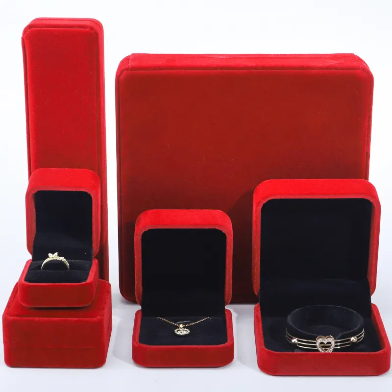Hanhong Custom Wholesale Necklace Stud Earrings Bracelet Jewelry Packaging Box Dark Red Velvet Ring Jewelry Box