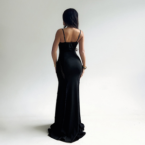 Vestido de Noche Elegante para Mujer, Color Sólido, con Encaje, Corte Entallado, Tirantes Finos, Cola de Capilla, Abertura Lateral, Cómodo para Fiestas - Product Image 3