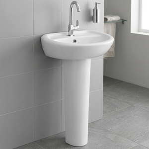 Lavabo sur pied carré en céramique blanc brillant de style européen, effet marbre, pour salle de bain de centre commercial ou villa, export Inde - Product Image 1