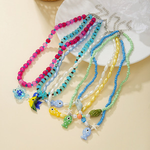 Collar de Cuentas con Temática Marina para Mujer, Estilo Veraniego, con Cuentas de Pescado, Estrella de Mar y Cuentas de Vidrio, Ajustable, Joyería para Fiestas - Product Image 1