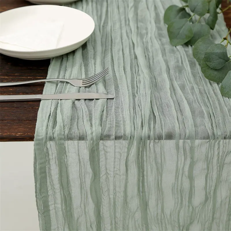 Venda quente Sábio Verde Cheesecloth Tabela Runner Wide Gaze Rústico Queijo Pano Mesa Runner Algodão para Casamento