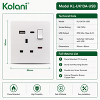 Prise murale Kolani UK 13A à 3 broches avec charge rapide USB A+C 20W et indicateur néon, prise de courant contrôlée par PC, blanche