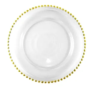 Clear Crystal Glass Plate Gold Rim Round Beads Wedding Tabletop Decoration Charger Dinner Fruit Plate