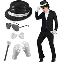Accessoires de scène DISCO en gros : Costume Michael Jackson rayé avec paillettes, chapeau, cravate et gants pour fêtes et mariages - 100% authentique