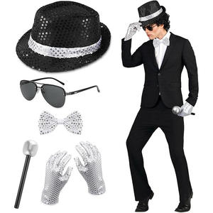 Accessoires de scène DISCO en gros : Costume <span class=keywords><strong>Michael</strong></span> <span class=keywords><strong>Jackson</strong></span> rayé avec paillettes, <span class=keywords><strong>chapeau</strong></span>, cravate et gants pour fêtes et mariages - 100% authentique - Product Image 4