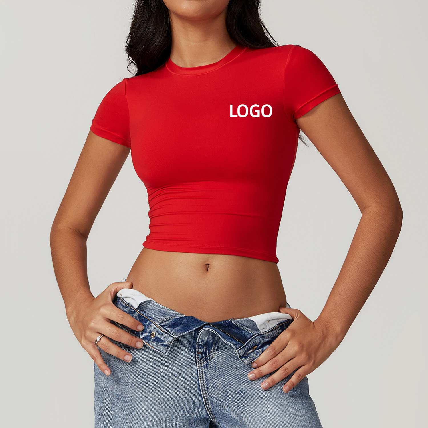 Women High Waist Stretchy Quick Dry Lightweight Yoga T Shirt Round Neck Crop Top Nylon Spandex Sport Shirt