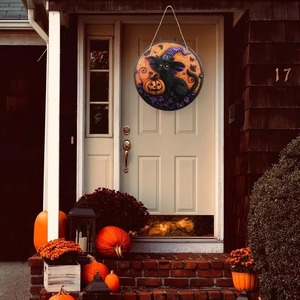 Letrero Redondo <span class=keywords><strong>de</strong></span> Madera con Diseño <span class=keywords><strong>de</strong></span> Gato Negro y Calabaza para Halloween, Decoración <span class=keywords><strong>de</strong></span> Pared con Sombrero <span class=keywords><strong>de</strong></span> Bruja y Murciélago, Adorno Colgante para Puerta en Morado y Naranja, Decoración para Fiesta <span class=keywords><strong>de</strong></span> Halloween - Product Image 2