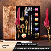 Stylo plume vintage de style européen avec pierres précieuses, plume métallique de 0,5 mm, stylo à tremper, tampon à cire, ouvre-lettre – Cadeau d'anniversaire idéal