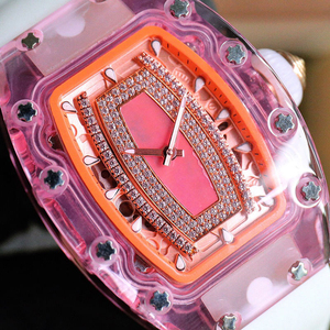 Premium Fashion Tonneau <b>Watch</b> Pink Crystal Construction with Diamond Dial and White <b>Rubber</b> Band - Product Image 5
