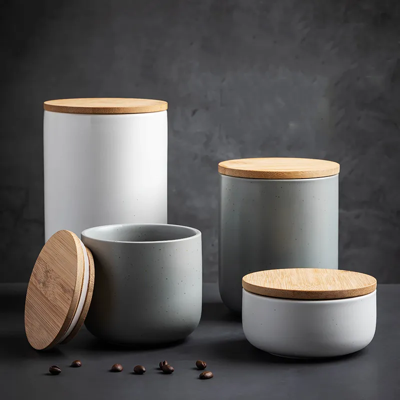 Pot de rangement en céramique européen service à café et thé pot en céramique avec couvercle en bambou