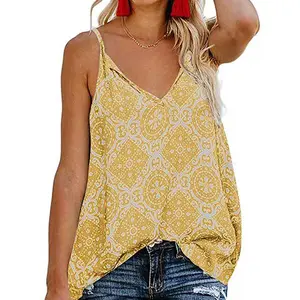 Latest Fashion Yellow V Neck Summer Spaghetti Strap Women's Tank Tops