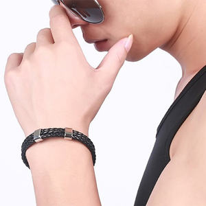 2023สแตนเลสถักสร้อยข้อมือหนังผู้ชายที่เรียบง่ายสแตนเลสสร้อยข้อมือหนังสร้อยข้อมือสายรัดข้อมือ - Product Image 5