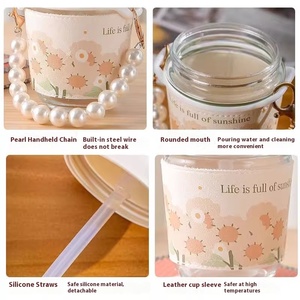 Pulsera de perlas moderna, taza de cristal, 350ml, diseño de pajita doble para beber, bonito regalo de negocios para niñas, botella de agua de café, vidrio - Product Image 5