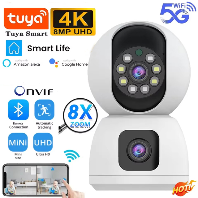 8MP CMOS Dual Lens 5G WiFi Tuya Smart PTZ 4K HD Indoor Wireless Security Camera with Auto Tracking Human Detection Two-way Audio