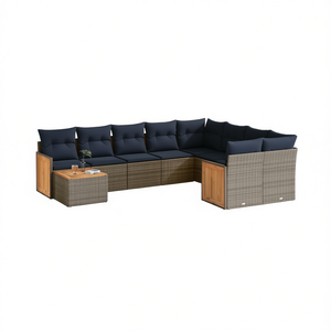 Ensemble de canapés de jardin en polyrotin gris avec coussins, 10 places, mobilier d'extérieur, structure en teck, design contemporain - Product Image 1