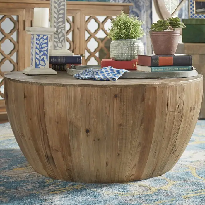 MRS WOODS, diseño de estilo vintage, mesa de centro redonda de lujo de madera maciza recuperada para eventos de hotel
