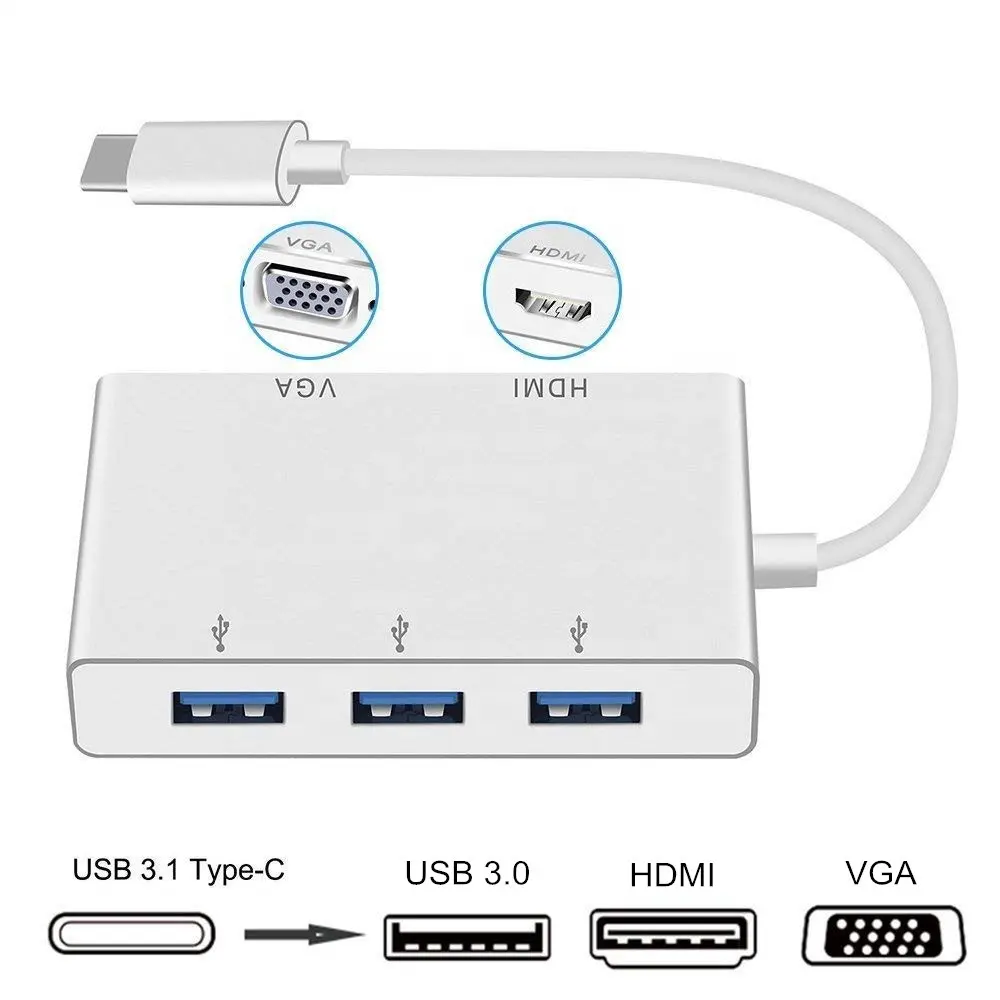 5 En 1 Tipo C a Video HDMI VGA USB 3,0 USB C para Macbook Pro y Samsung S10 y Huawei Matebook y más