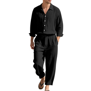 Completo Estivo da Uomo in Cotone e <span class=keywords><strong>Lino</strong></span>, Stile Safari, Traspirante, Tinta Unita, <span class=keywords><strong>Camicia</strong></span> a Maniche Lunghe e Pantaloni per la <span class=keywords><strong>Spiaggia</strong></span> - Product Image 5