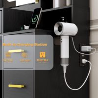 Miroir de maquillage LED en chêne noir ODM/OEM avec éclairage, coiffeuse moderne avec station de charge, 7 tiroirs, armoire en verre pour chambre et hôtel
