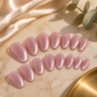 Faux ongles personnalisés rose œil de chat à presser, courts, ovales, avec perles, faux ongles en gel brillant lavande, en ABS, vente en gros OEM
