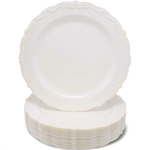 Assiettes de mariage jetables avec logo de couleur personnalisée dentelle blanc rose plastique de luxe emballage de pique-nique plats de dîner ronds - Product Image 4