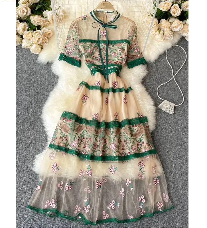 2022 New Summer Celebrities Grace Lace Gauze Vintage Embroidery Night Dresses For Women