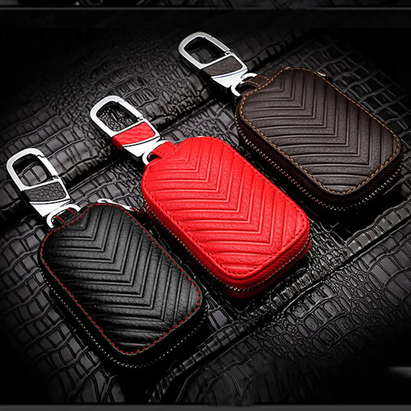 OEM Car key case PU leather v-pattern zipper bag full coverage car logo custom anti-lost anti-scratch protection decoration