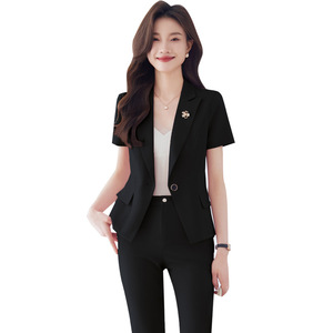 Women's Short Sleeve Suit Set Slim Fit Solid Color Breathable Polyester Workwear For Office Hotel Receptionist Uniform - Product Image 5