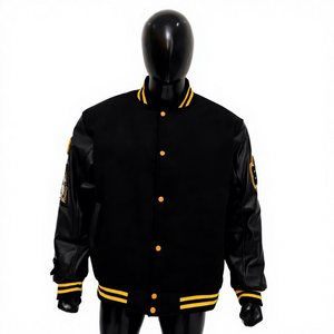 Chaqueta Varsity Negra y Amarilla, Cuerpo de Lana, Mangas de Cuero PU, Ribete a Rayas, Botones a Presión, Prenda Exterior Estilo Letterman, Fabricante Personalizado - Product Image 1