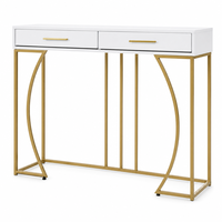 Console contemporaine en MDF avec étagère de rangement et pieds en métal doré, tables consoles de luxe