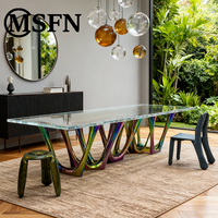 Table à manger rectangulaire moderne en acrylique, base en acier inoxydable arc-en-ciel irisé, design durable, mobilier de salle à manger pour hôtels de luxe