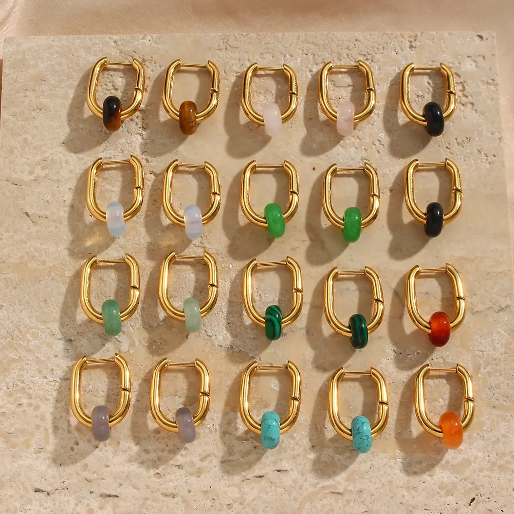 Colorful Natural Stone Charm U Shape Huggie Earring Natural Agate Stones Earrings Stainless Steel Hoop Earring
