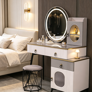 Modern Minimalist Makeup Vanity <b>With</b> Lighted Oval Mirror And Storage <b>Drawers</b> Bedroom <b>Dressing</b> <b>Table</b> <b>With</b> Stool - Product Image 3