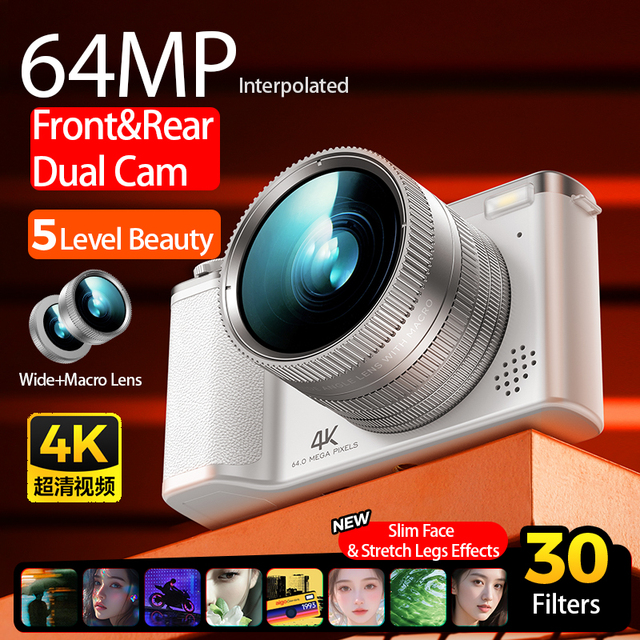 4K Digital Camera 64MP CCD 3.0inch Screen 16X Auto Zoom Portable Selfile Camera Camera Student Travelling