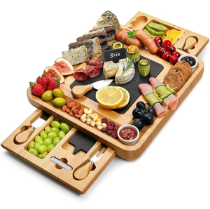 Planche à découper en bambou et en bois avec deux tiroirs et un plateau à fromage pour conserver les aliments cuisinés - Product Image 1