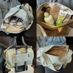 Grand sac de voyage blanc en nylon, cylindrique, pour week-end, sac à bandoulière décontracté, unisexe, léger, portable - Product Image 6
