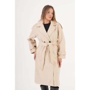 Manteau en cachemire pour femmes orné de pierres avec détail d'épaulettes et ceinture en gros - Product Image 1