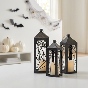 Decoraciones de Halloween 2026, Juego de 3 Faroles de Metal Negro con Diseño de Telaraña para Interiores y Exteriores - Product Image 1
