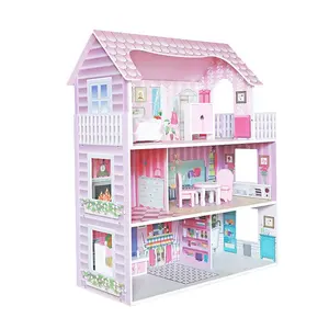 DIY girl and boy play houses in pink miniature wooden doll house for for girls