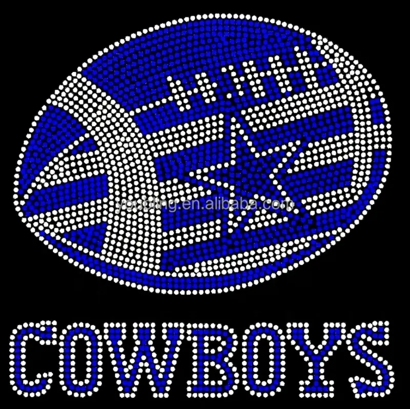 Hot New Style Cowboys Football Custom Blue Star inside Football Rhinestone Transfer Iron on Heat Motif Design Ready to Press