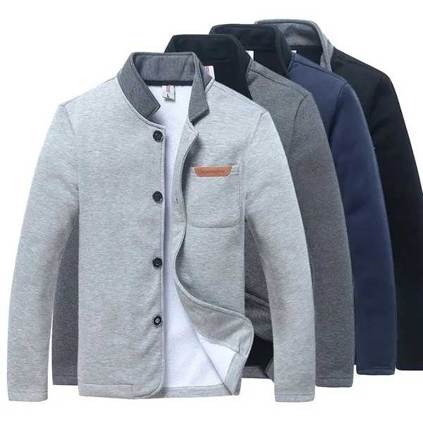 Long Sleeve Sweater Collar Jacket Fashion Men's Slim Casual Spring and Autumn Plus Size Edition Single Buckle Solid Color