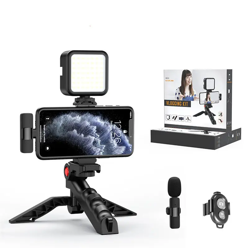 2022 New Vlogging Kit Equipment Phone Tripod with 2.4G Wireless Lavalier Microphone for iPhone Android Smartphone Tablet SLR Cam