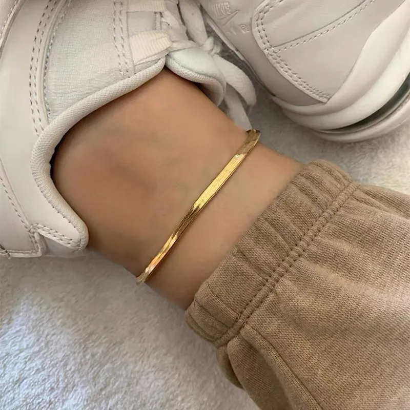 Waterproof stainless steel gold anklet for women trending 18k gold plated 3mm herringbone chain ankle bracelet