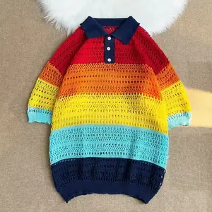Pakaian katun kontras Jumper bergaris warna buatan tangan pria Sweatshirt longgar Pullover Crochet Sweater